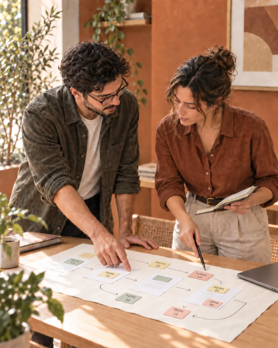 Dos personas mapean un proceso con notas adhesivas sobre un papel extendido en la mesa