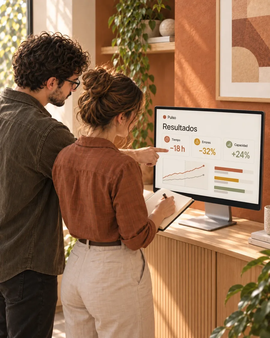 Dos personas miran en un monitor un tablero de resultados con tiempo, errores y capacidad